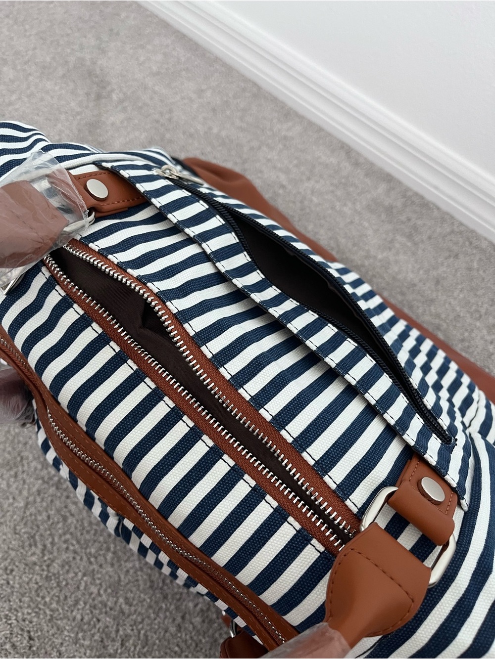 Striped Navy and White Travel Weekender Bag with Brown Leather Trim - Picture 2 of 8